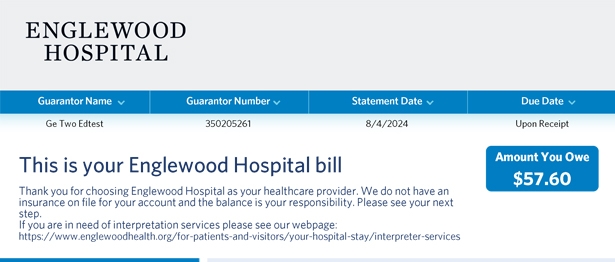 Englewood Hospital bill sample