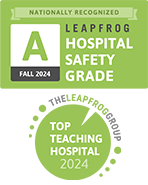 Leapfrog Safety Grade A and Top Teaching Hospital award badges